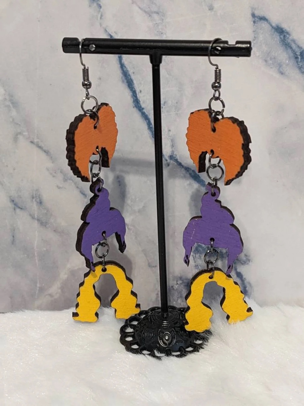 Colorful Layered Dangle Earrings - Orange, Purple & Yellow